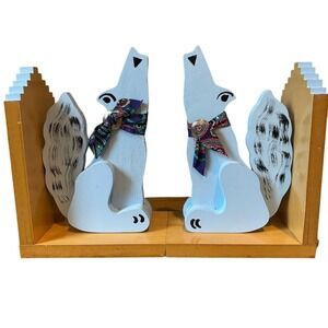 Vintage Wooden Southwestern Coyote Bookends with Colorful Scarves Handmade 11"